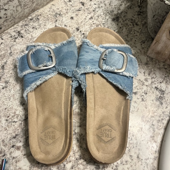 Thick strap with buckle accent denim Medium Width Sandal Open Toe Fabric - Picture 2 of 8